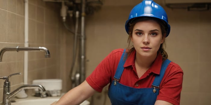 Female plumber in uniform and hardhat looking at camera in bathroom photo