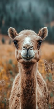 Camel standing in a grass field representing nature and wilderness in daylight. photo