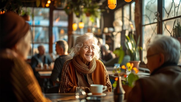 Cheerful senior woman in a cozy cafe setting, chatting with friends over a cup of coffee in a cozy and welcoming atmosphere. photo