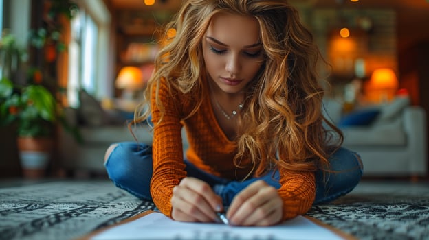 A young woman with wavy hair intently focusing on her drawing, sitting cross-legged on the floor in a warmly lit, cozy room. photo