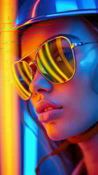 Close-up of a stylish woman wearing reflective sunglasses under bright neon lights creating a modern and futuristic aesthetic. photo