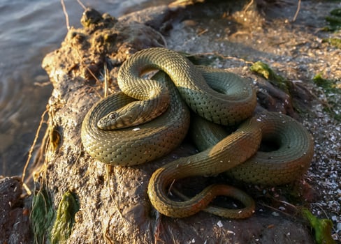 The dice snake Natrix tessellata, a water snake basks in the sun on the sandy shore of a lake photo
