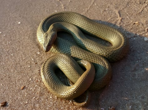The dice snake Natrix tessellata, a water snake basks in the sun on the sandy shore of a lake photo