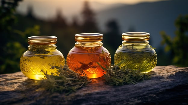 Three glass jars filled with herbal tinctures sit on a log with herbs in the sunset. photo