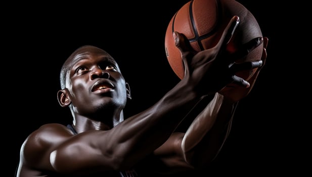 Muscular black basketball player going for a slam dunk. Powerful athlete playing sport on black background. photo