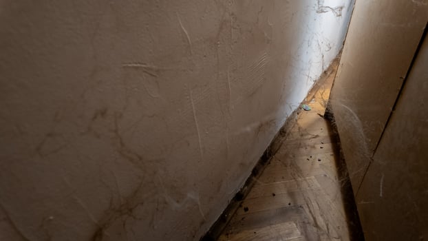 Abandoned, cobweb filled corner of a dusty room highlighting neglect and the need for spring cleaning or household maintenance photo