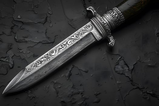 Intricately Designed Ornate Silver Knife on Textured Black Surface - Perfect for Historical and Artistic Displays photo