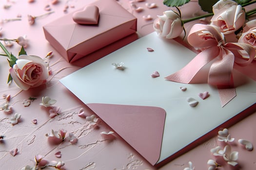 Romantic Pink Roses and Heart-themed Envelope with Gift Box for Valentine's Day or Wedding Invitation Design photo