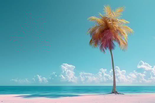 Tropical Beach Landscape with Lone Palm Tree Under Clear Blue Sky for Summer Vacations or Print Posters photo
