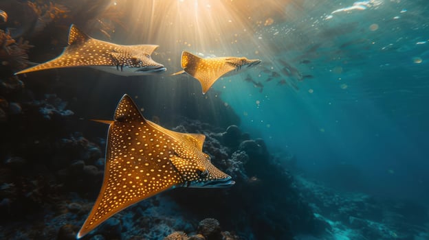 A group of stingrays swimming underwater surrounded by coral and marine life. photo