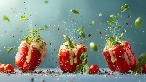 a group of red peppers with basil sprinkled on them photo