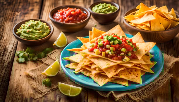 Nachos chips and assorted dip sauces. Tortilla corn nachos chips with salsa, melted cheese and guacamole, mexican snacks. photo