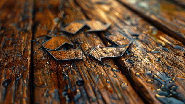 Closeup photo of recycle logo in embossed style on wet wooden floor.