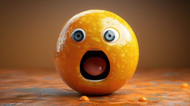 Astonished Orange Cartoon Character With Wide Eyes and Open Mouth on a Wooden Surface photo