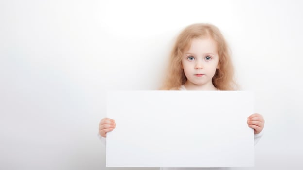 Little Girl Holding White Sign In Front Of Face photo