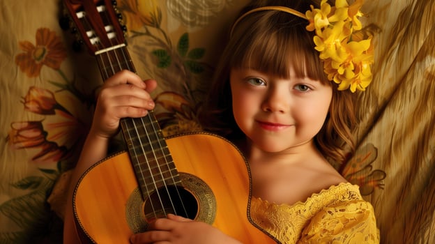 Little Girl in Yellow Dress Holding Guitar photo