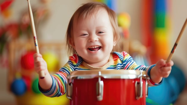 Little Girl Playing With Red Drum photo