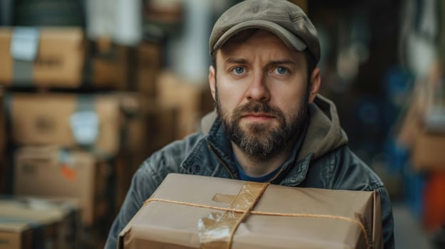 Man Holding Box in Warehouse photo