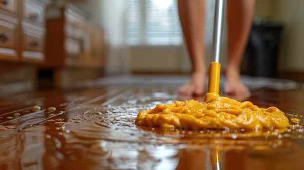 Person Mopping a Wooden Floor With Yellow Mop in Brightly Lit Room photo