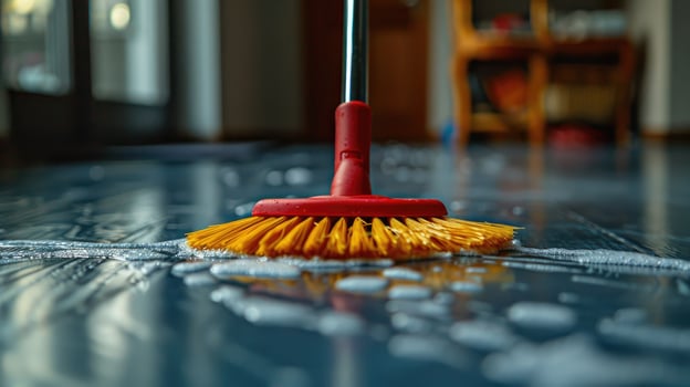 Red and Yellow Broom on Tiled Floor photo
