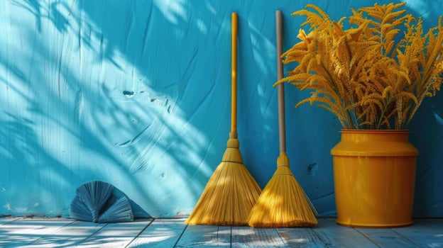Blue Wall With Two Yellow Brooms and Yellow Vase photo
