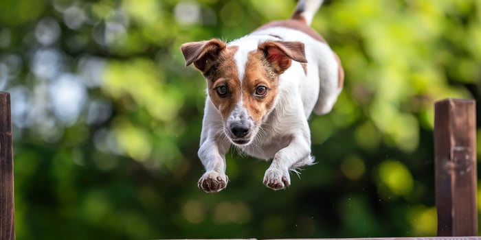 Energetic Jack Russell Terrier Leaping Outdoors with Green Background photo