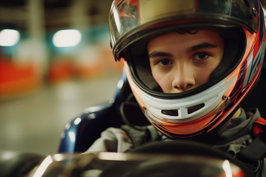 Young Racer in Helmet Focused on GoKart Racing Action in Indoor Track photo