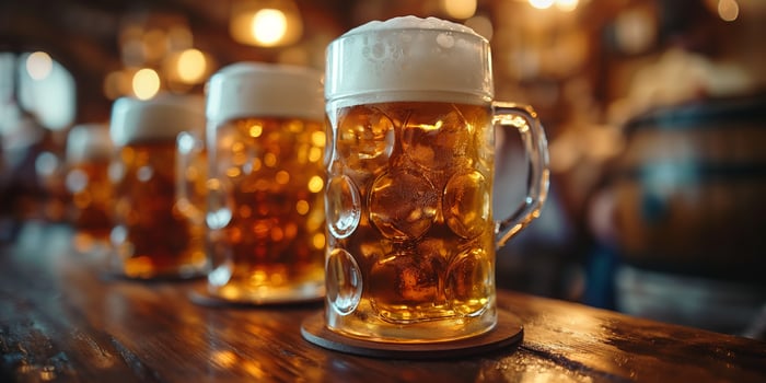 Rustic Pub with Foamy Beer Mugs on Wooden Bar Counter at Sunset photo