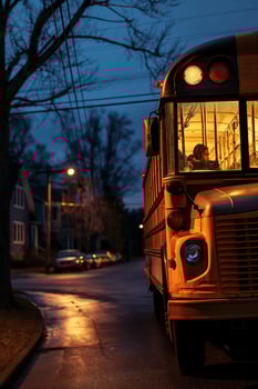 Evening School Bus on Wet Suburban Street with Illuminated Interior photo