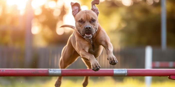 Energetic Brown Dog Jumping Over Obstacle in a Sunlit Park photo