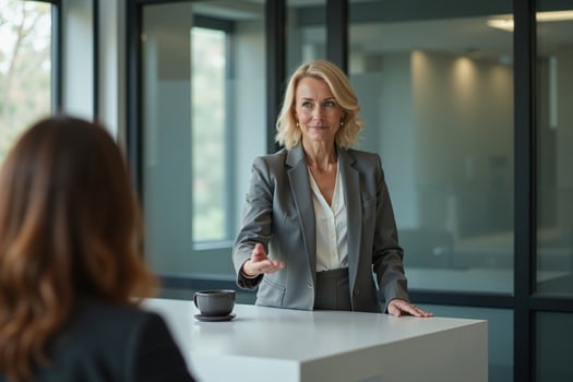photo of woman in black blazer with open hand and colleagues in the office,
