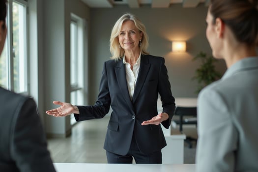 photo of woman in black blazer with open hand and colleagues in the office,