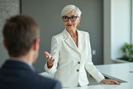 photo of woman in white blazer with open hand and colleagues meeting promote in the office,