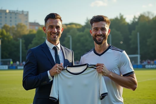photo of coach and player holding shirt in the stadium field at signing contract event,