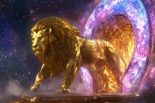 A golden lion statue with a glowing cosmic portal. photo