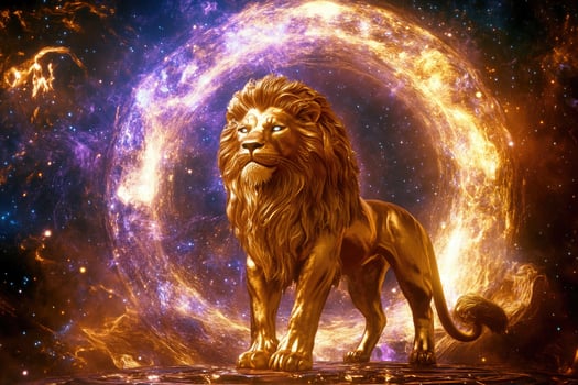 A golden lion statue with a glowing cosmic portal. photo
