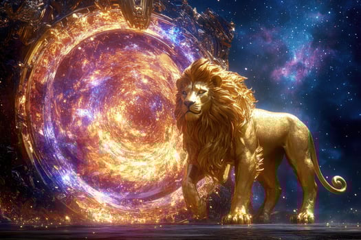 A golden lion statue with a glowing cosmic portal. photo