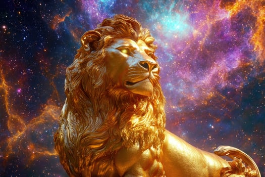 A golden lion statue with a glowing cosmic portal. photo