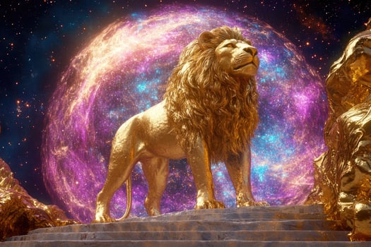 A golden lion statue with a glowing cosmic portal. photo