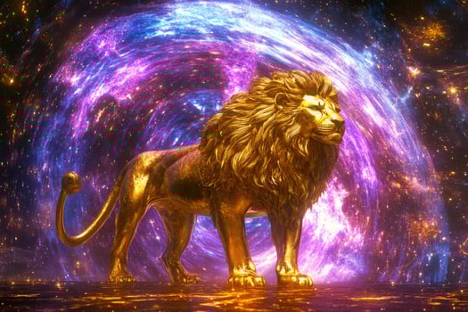 A golden lion statue with a glowing cosmic portal. photo