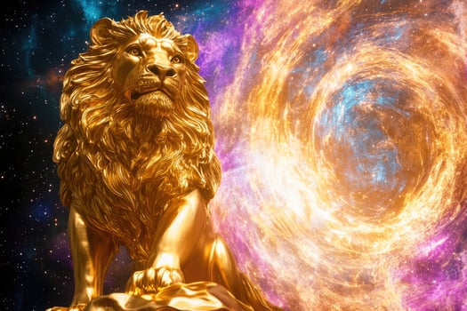 A golden lion statue with a glowing cosmic portal. photo