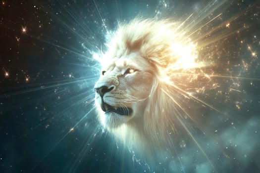 A lions head emerging from bright cosmic light. photo