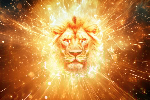 A lions head emerging from bright cosmic light. photo
