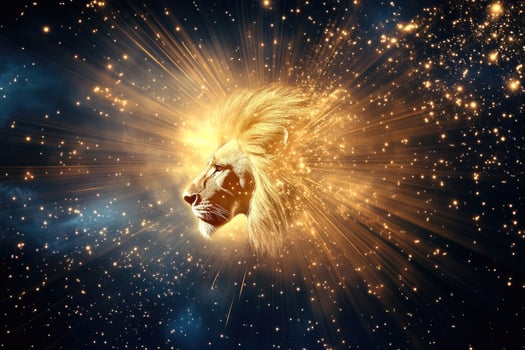 A lions head emerging from bright cosmic light. photo