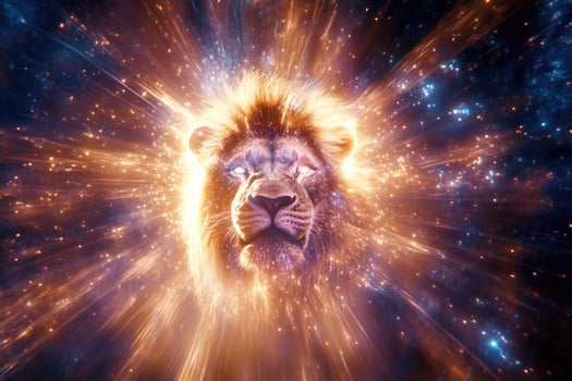 A lions head emerging from bright cosmic light. photo