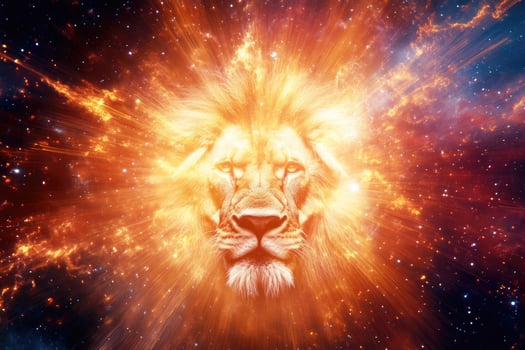 A lions head emerging from bright cosmic light. photo