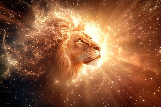 A lions head emerging from bright cosmic light. photo