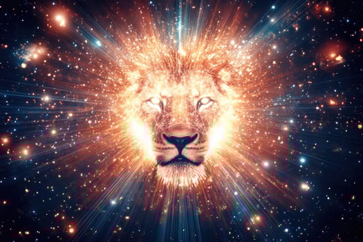 A lions head emerging from bright cosmic light. photo