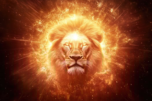 A lions head emerging from bright cosmic light. photo