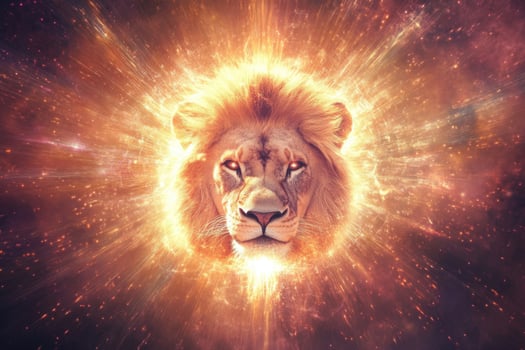 A lions head emerging from bright cosmic light. photo